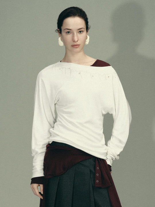 Boat Neck Embellished Long Sleeve T-Shirts