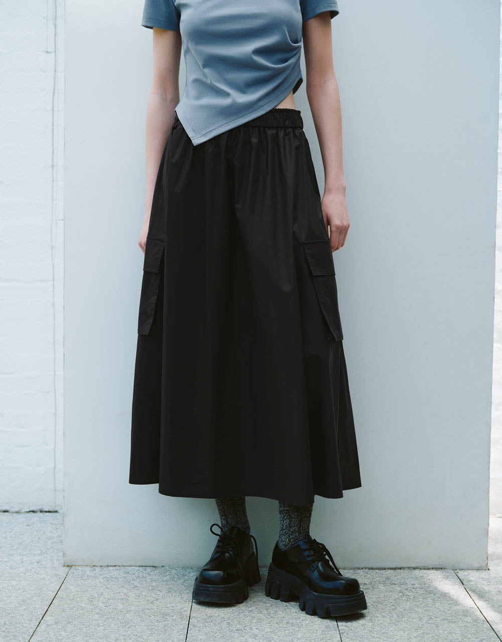 Elastic Waist Midi A-Line Skirt