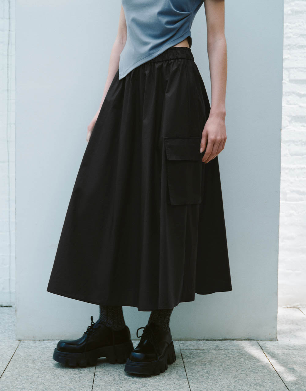Elastic Waist Midi A-Line Skirt