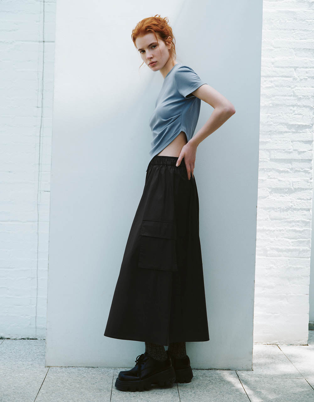 Elastic Waist Midi A-Line Skirt