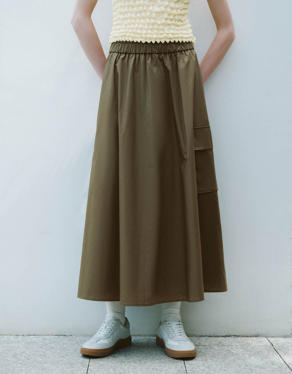 Elastic Waist Midi A-Line Skirt