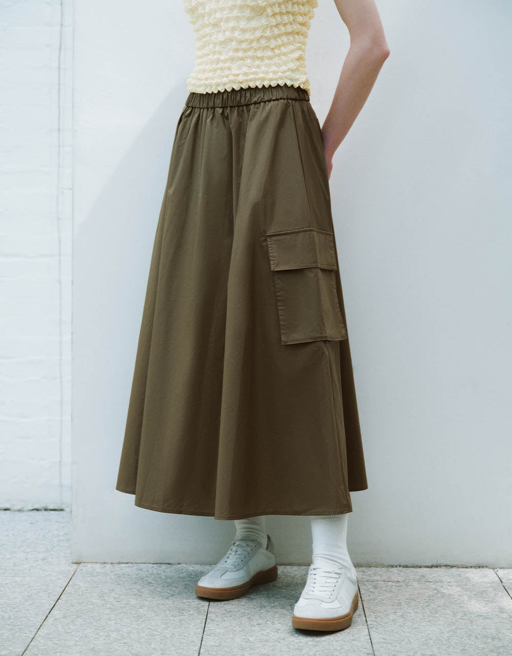 Elastic Waist Midi A-Line Skirt