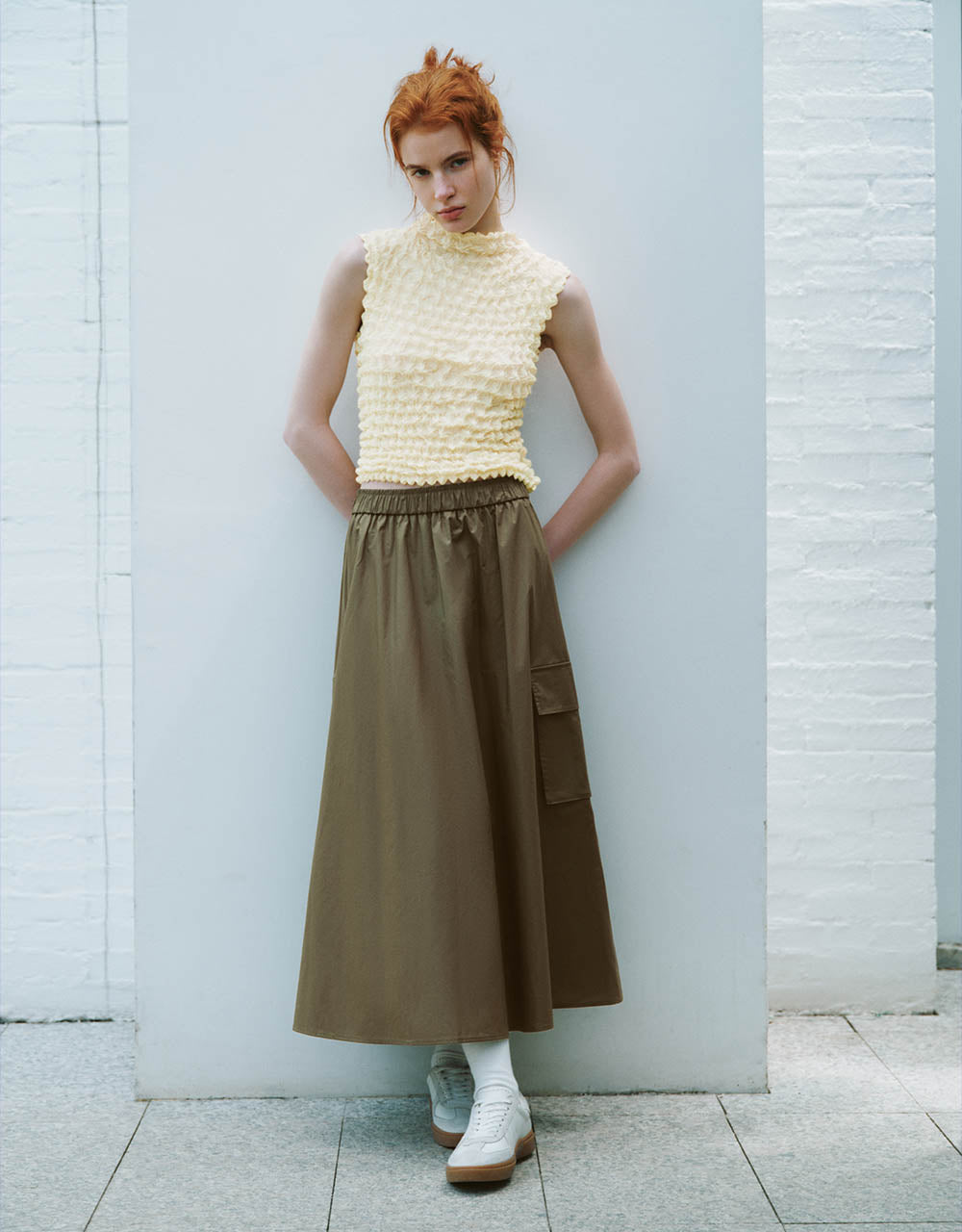 Elastic Waist Midi A-Line Skirt