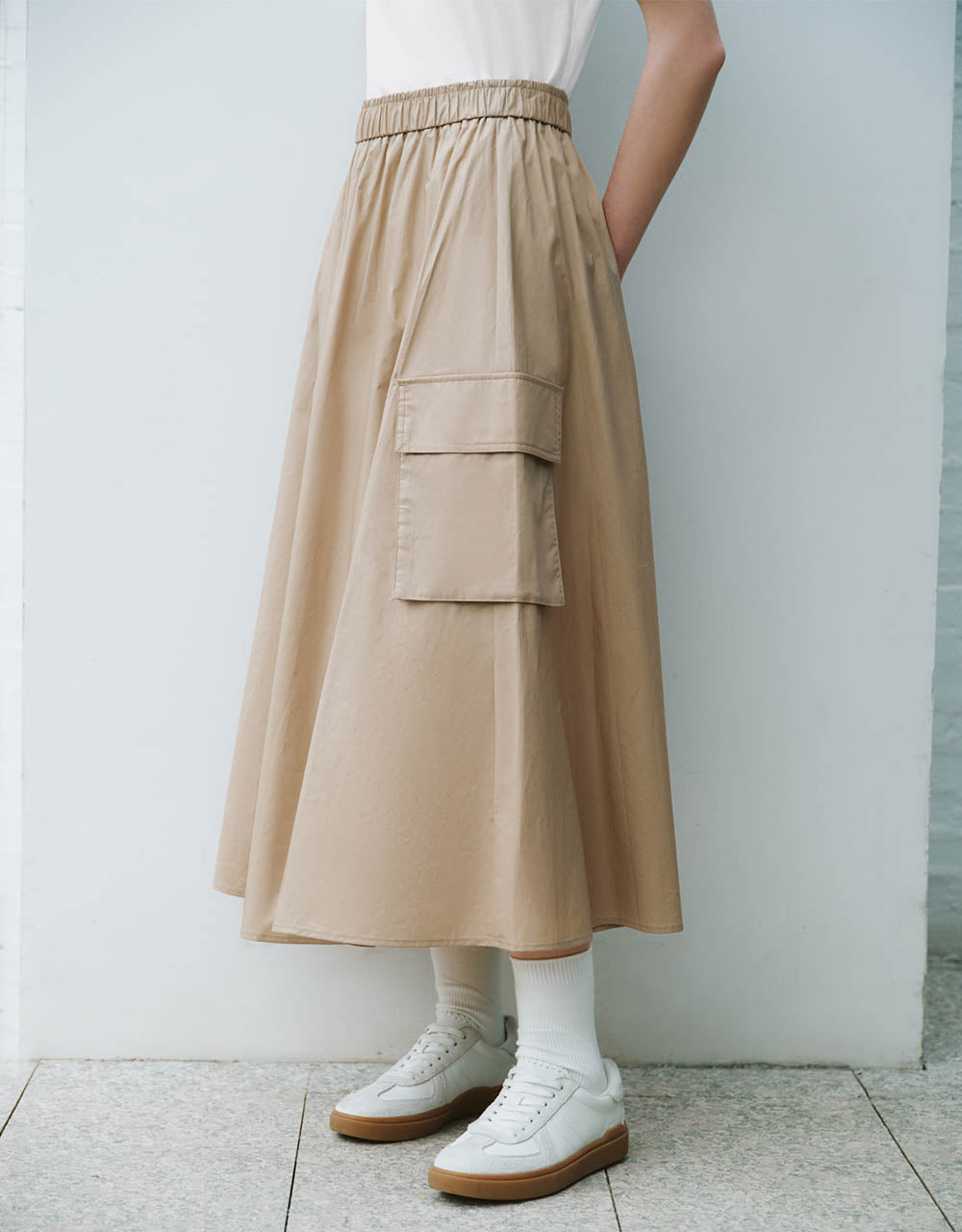 Elastic Waist Midi A-Line Skirt