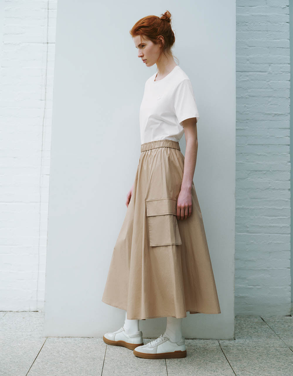 Elastic Waist Midi A-Line Skirt