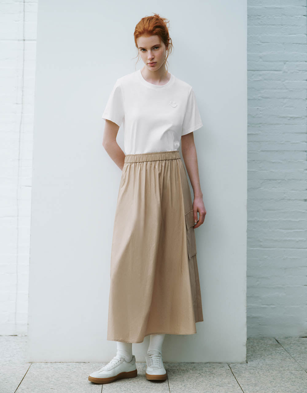 Elastic Waist Midi A-Line Skirt