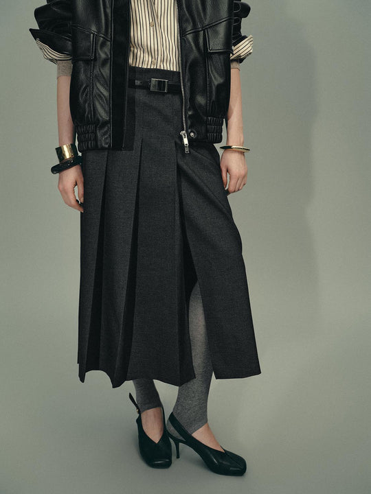 Belted Pleated A-Line Midi Skirts