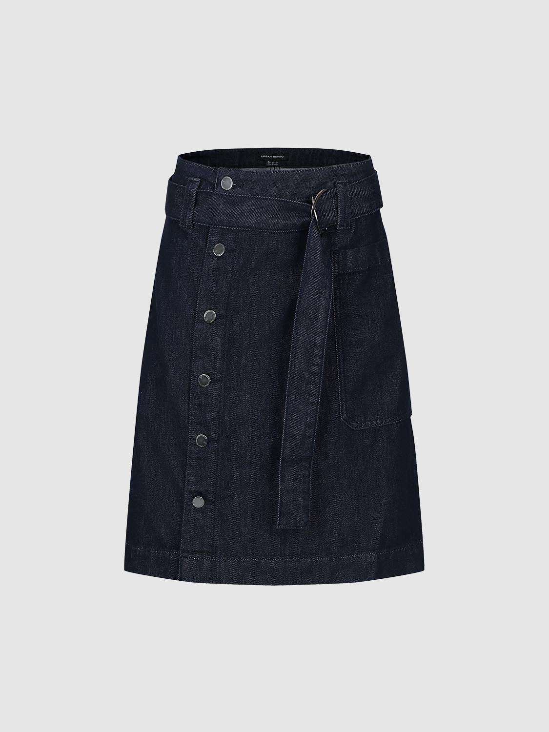 Belted Button Detail Denim Midi Skirts