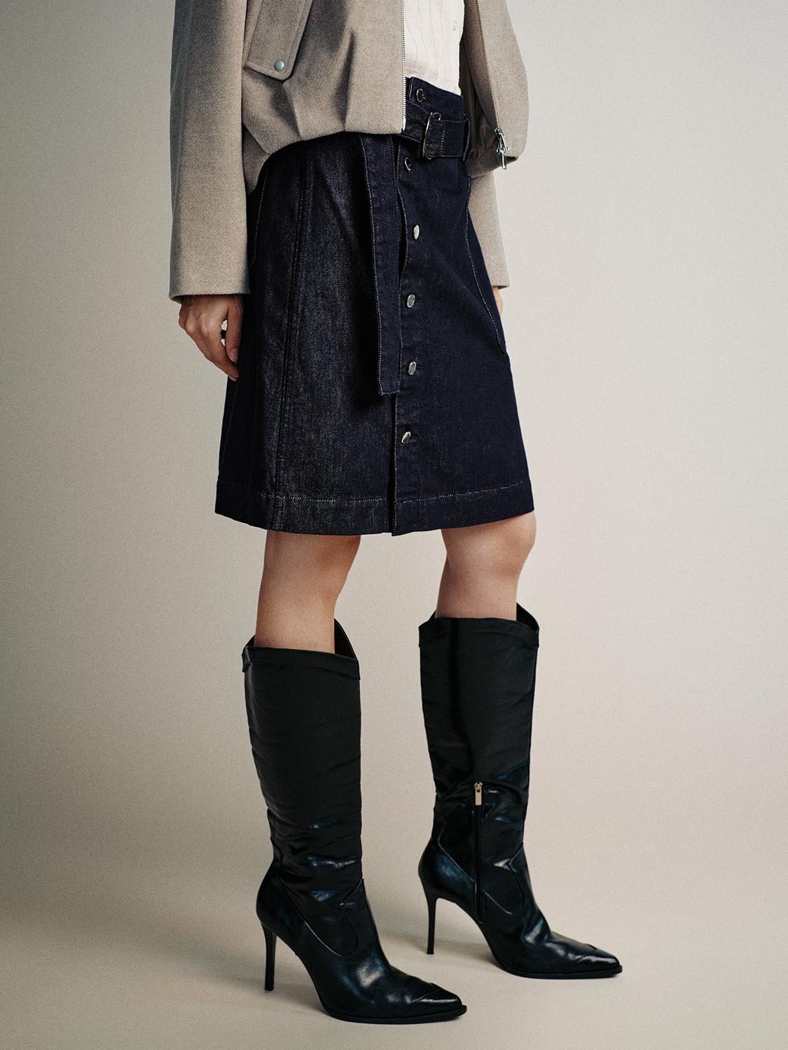 Belted Button Detail Denim Midi Skirts