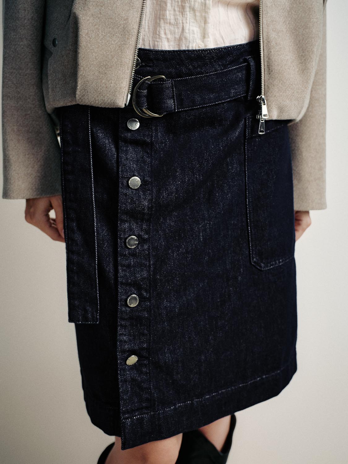 Belted Button Detail Denim Midi Skirts