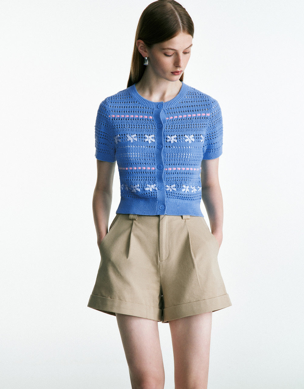 Crochet Crew Neck Knitted Cardigan