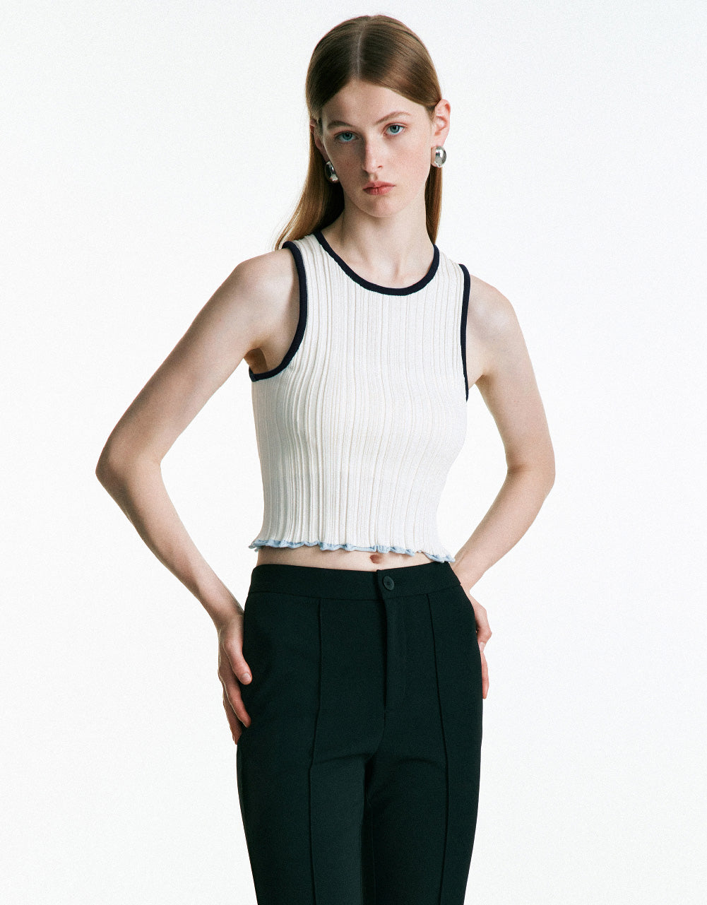 Lettuce Trim Crew Neck Knitted T-Shirt