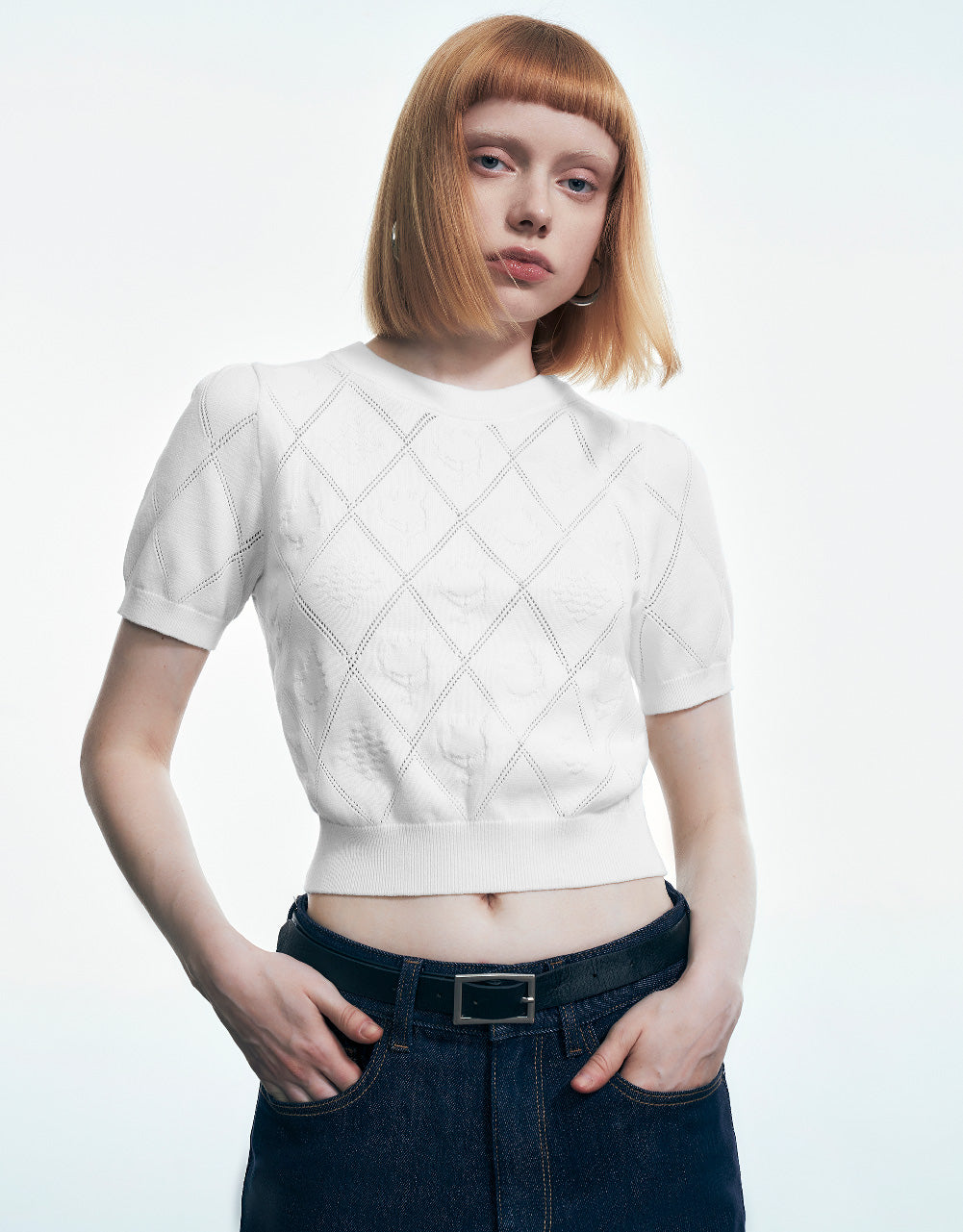 Embossed Crew Neck Knitted T-Shirt