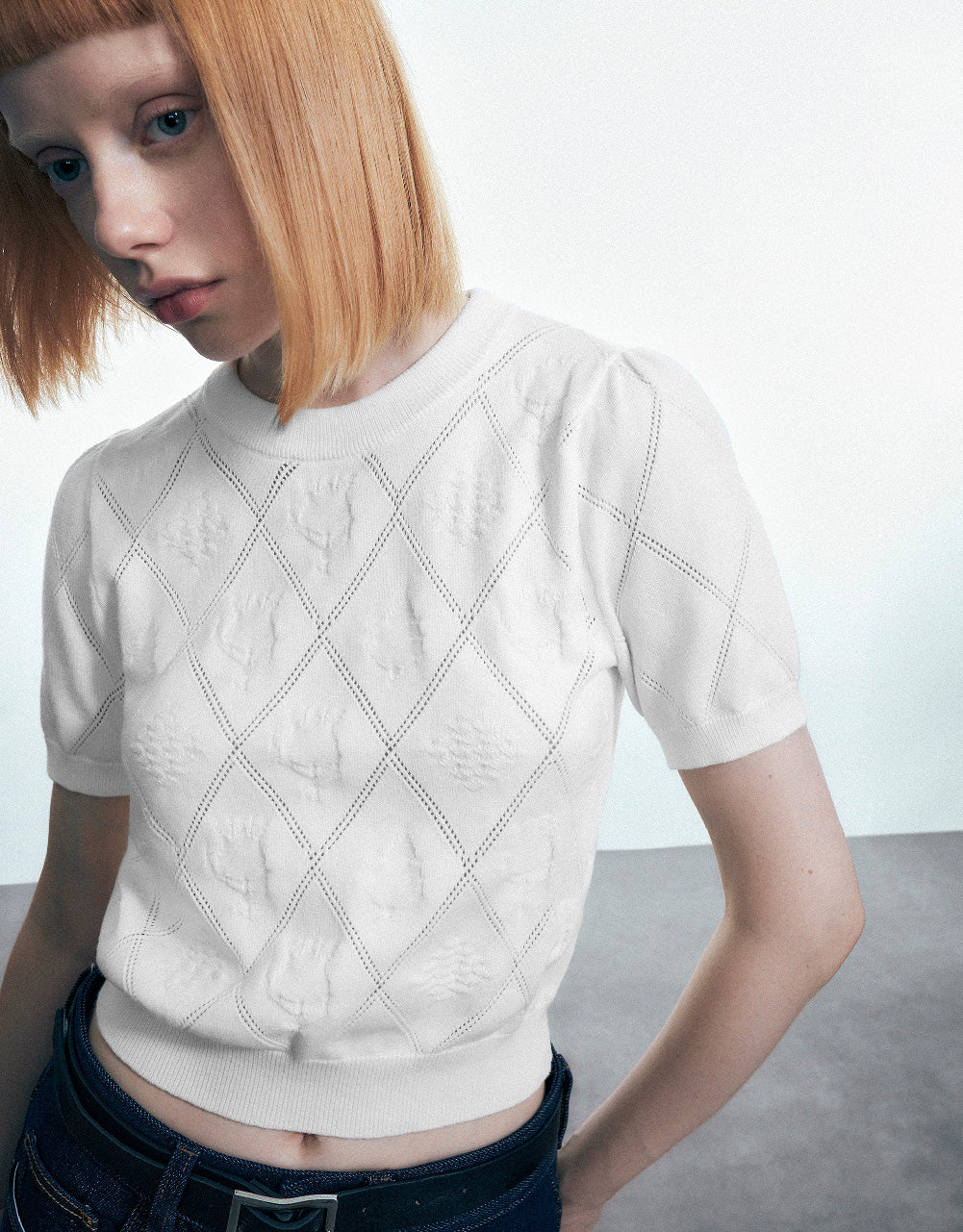 Embossed Crew Neck Knitted T-Shirt