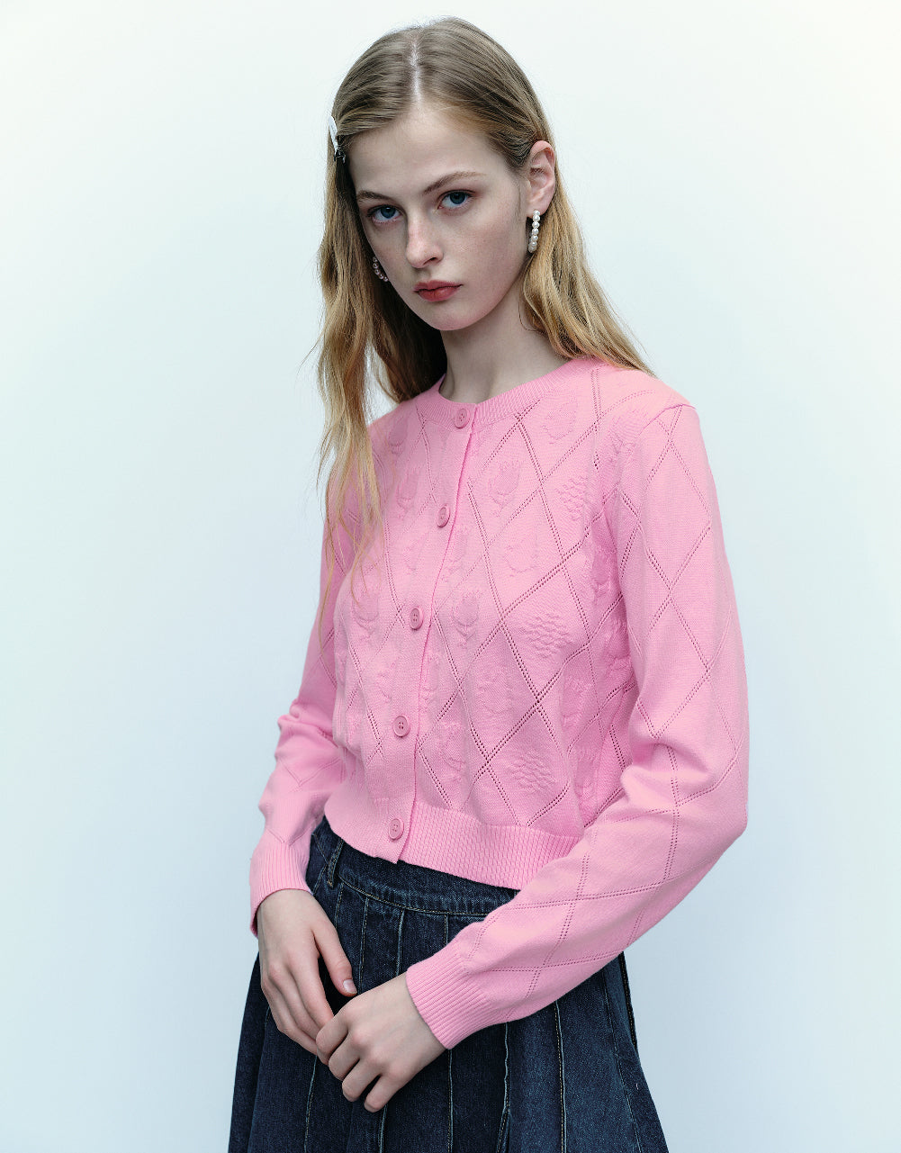 Embossed Crew Neck Knitted Cardigan