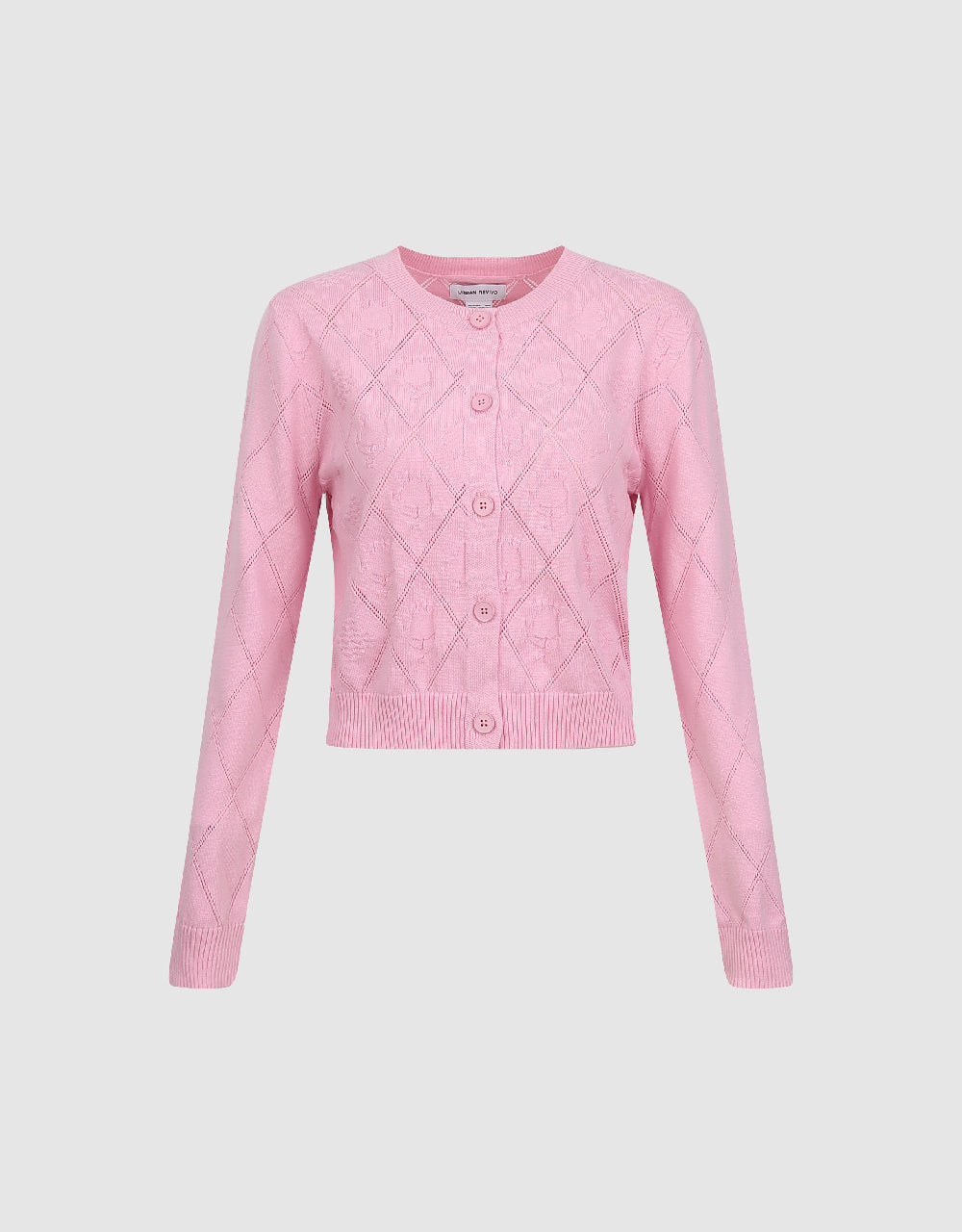 Embossed Crew Neck Knitted Cardigan