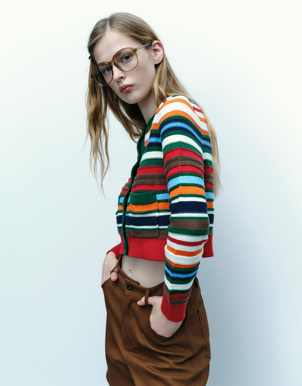 Striped Crew Neck Knitted Cardigan