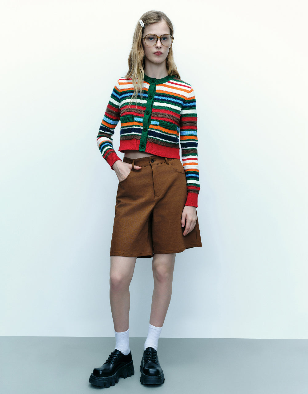 Striped Crew Neck Knitted Cardigan
