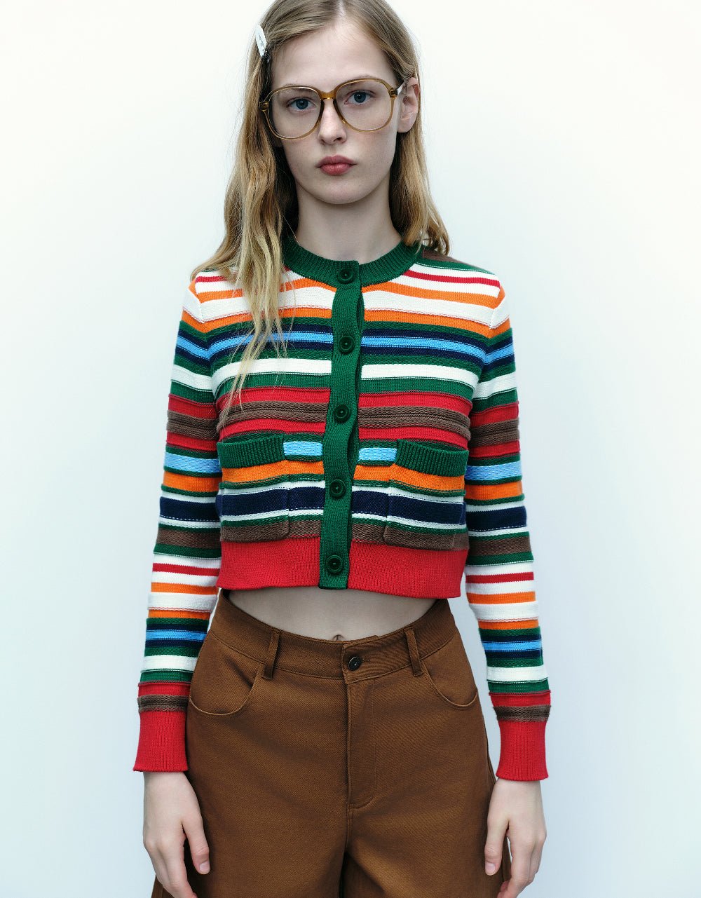 Striped Crew Neck Knitted Cardigan