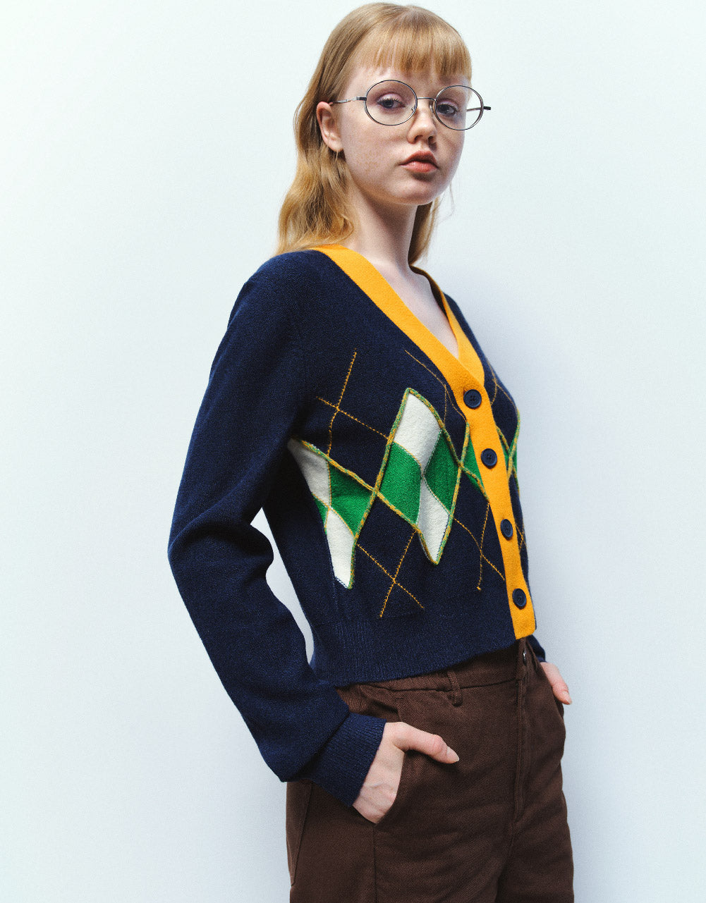Argyle Printed V-Neck Knitted Cardigan