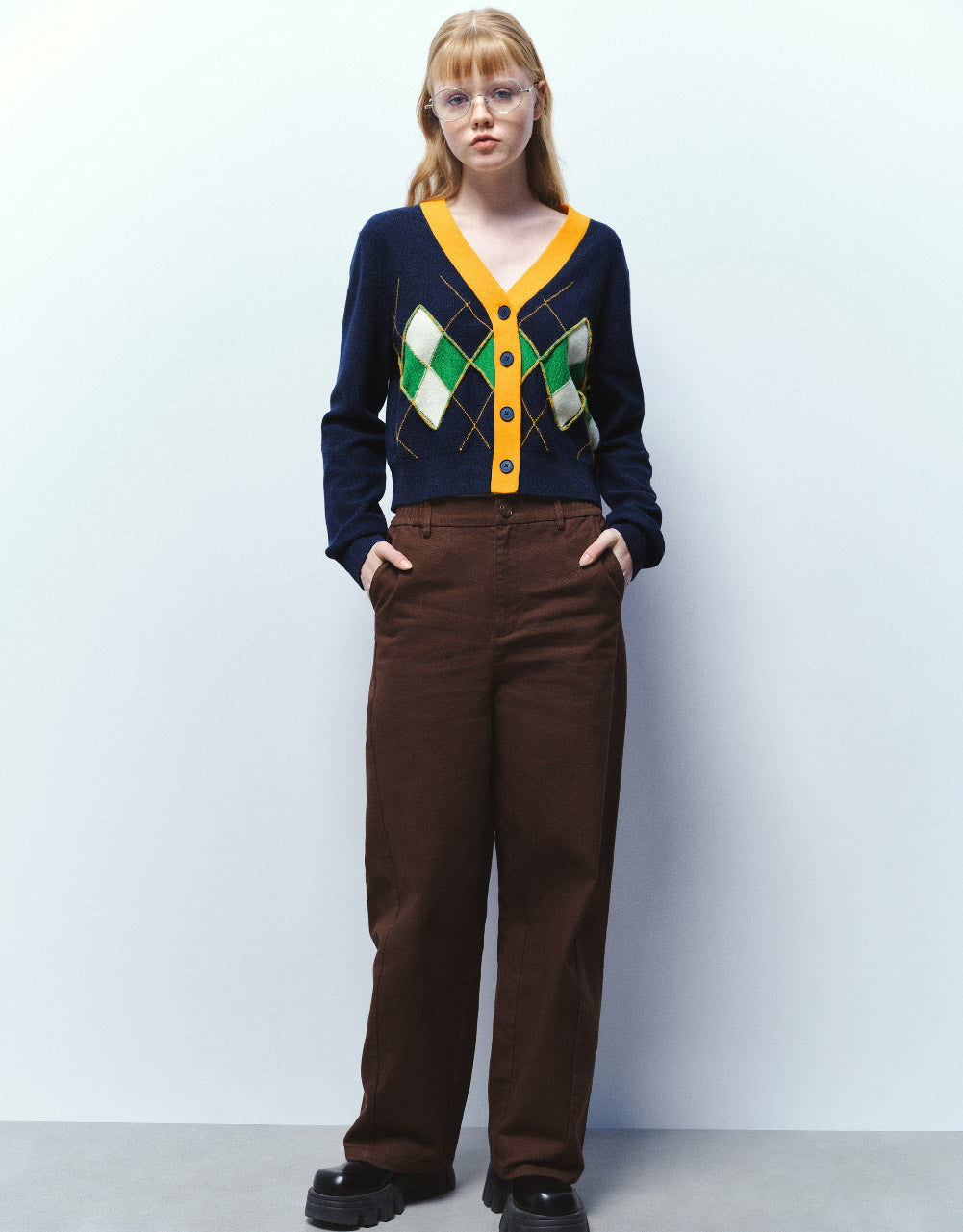 Argyle Printed V-Neck Knitted Cardigan