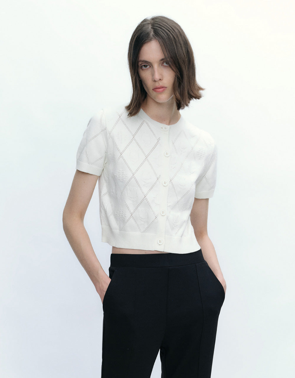 Embrossed Crew Neck Knitted Cardigan