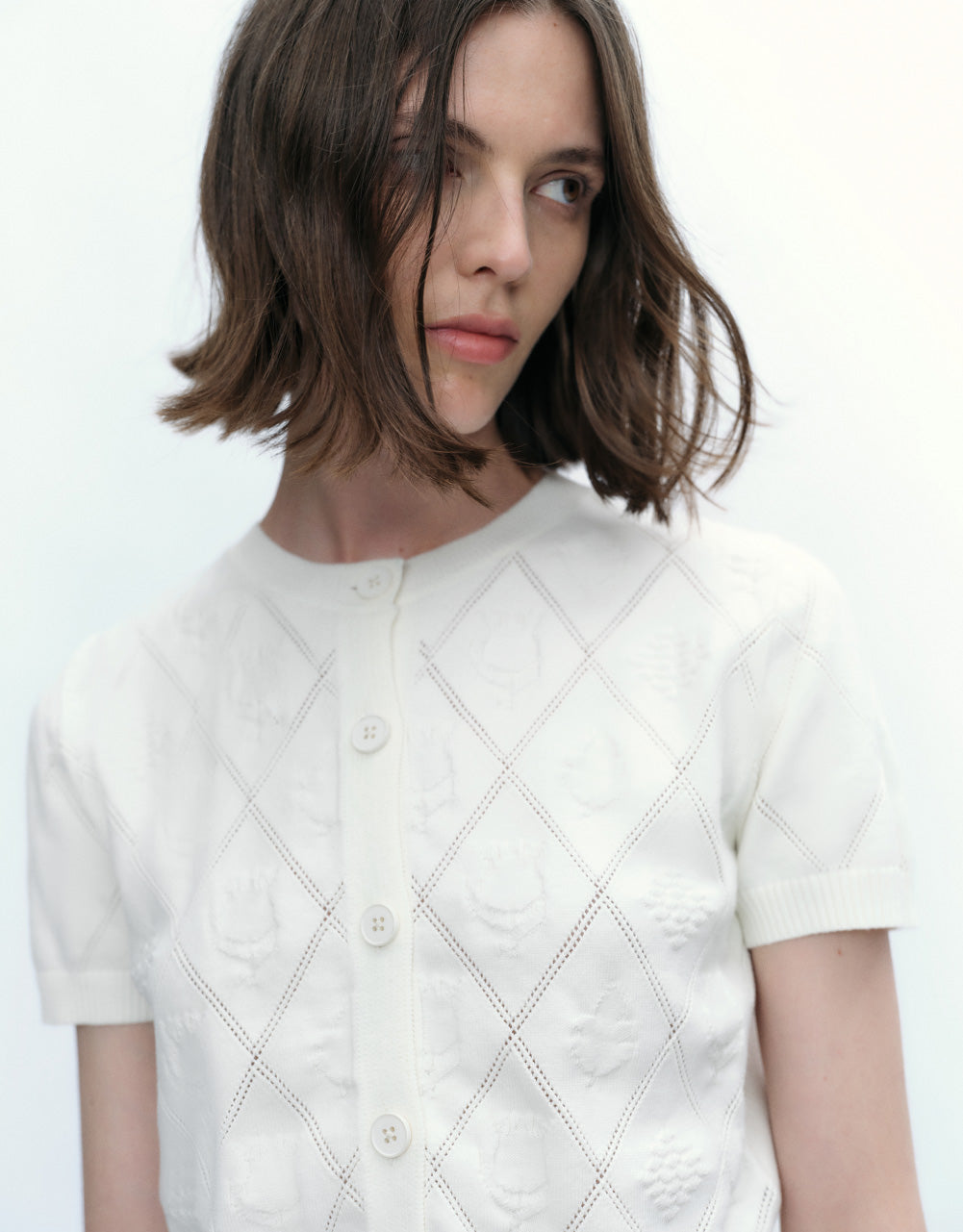 Embrossed Crew Neck Knitted Cardigan