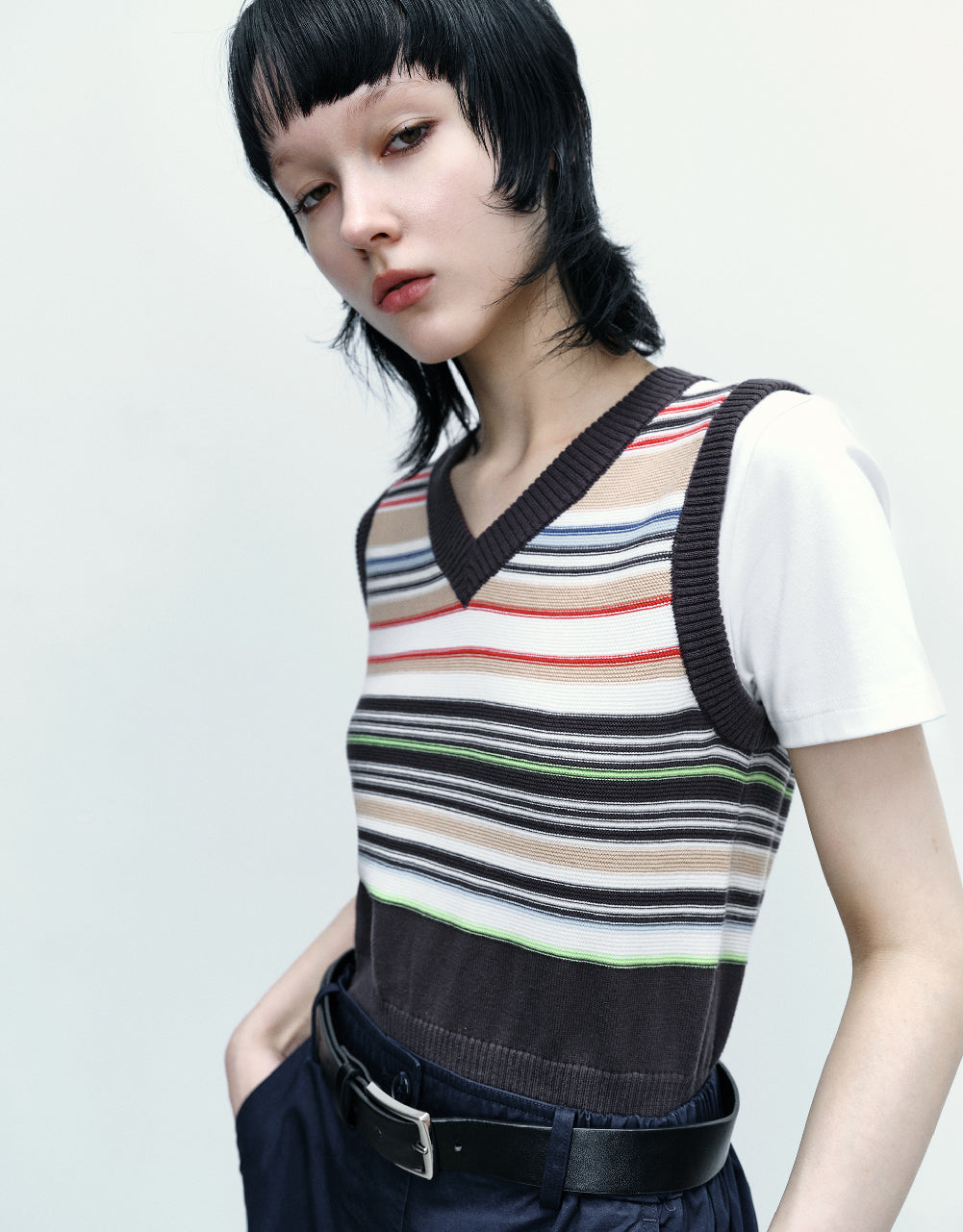 Striped V-Neck Knitted Vest