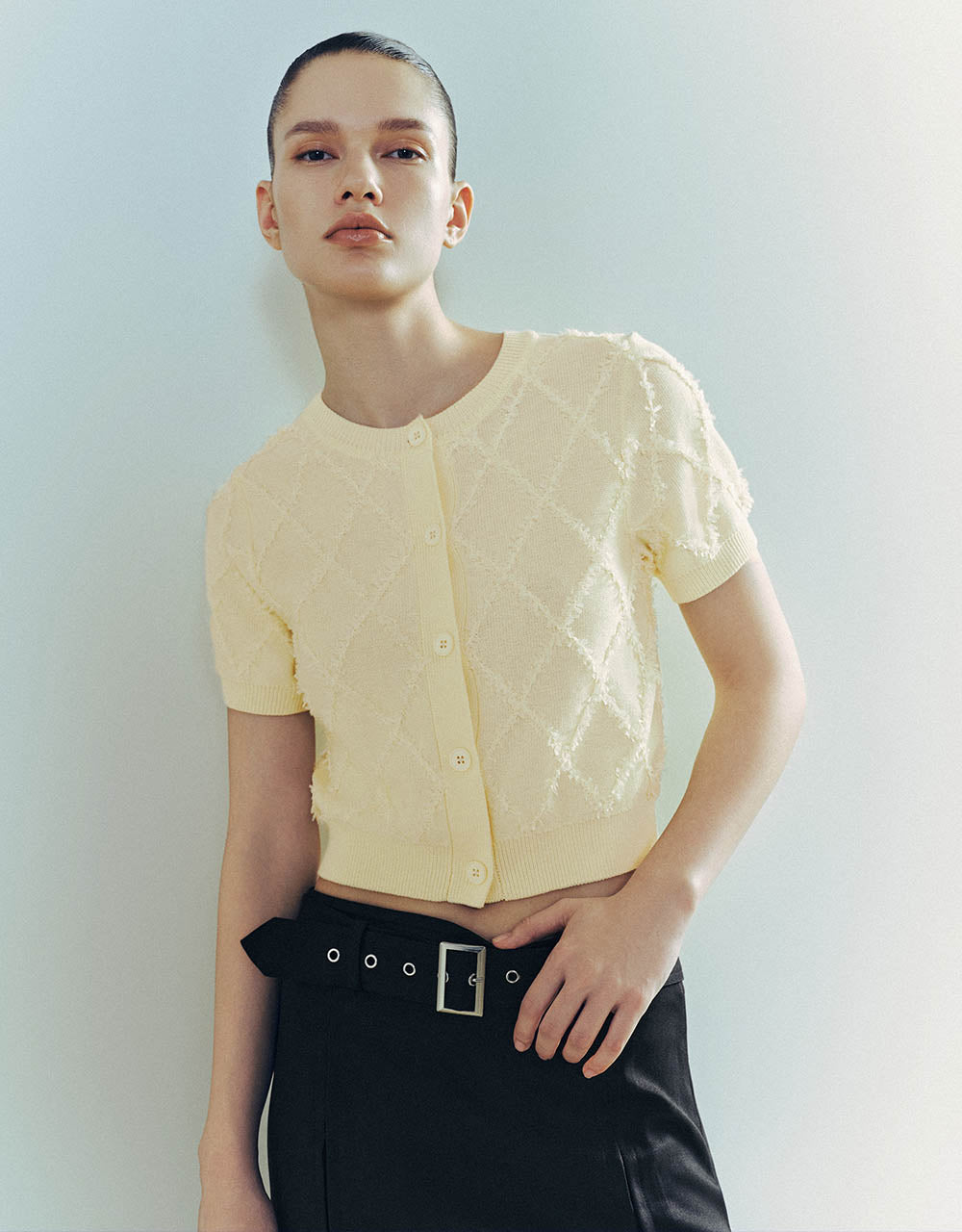 Embossed Crew Neck Knitted Cardigan