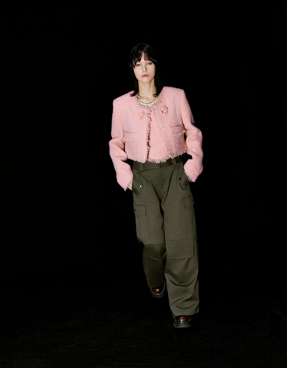 Raw Hem Crew Neck Tweed Jacket