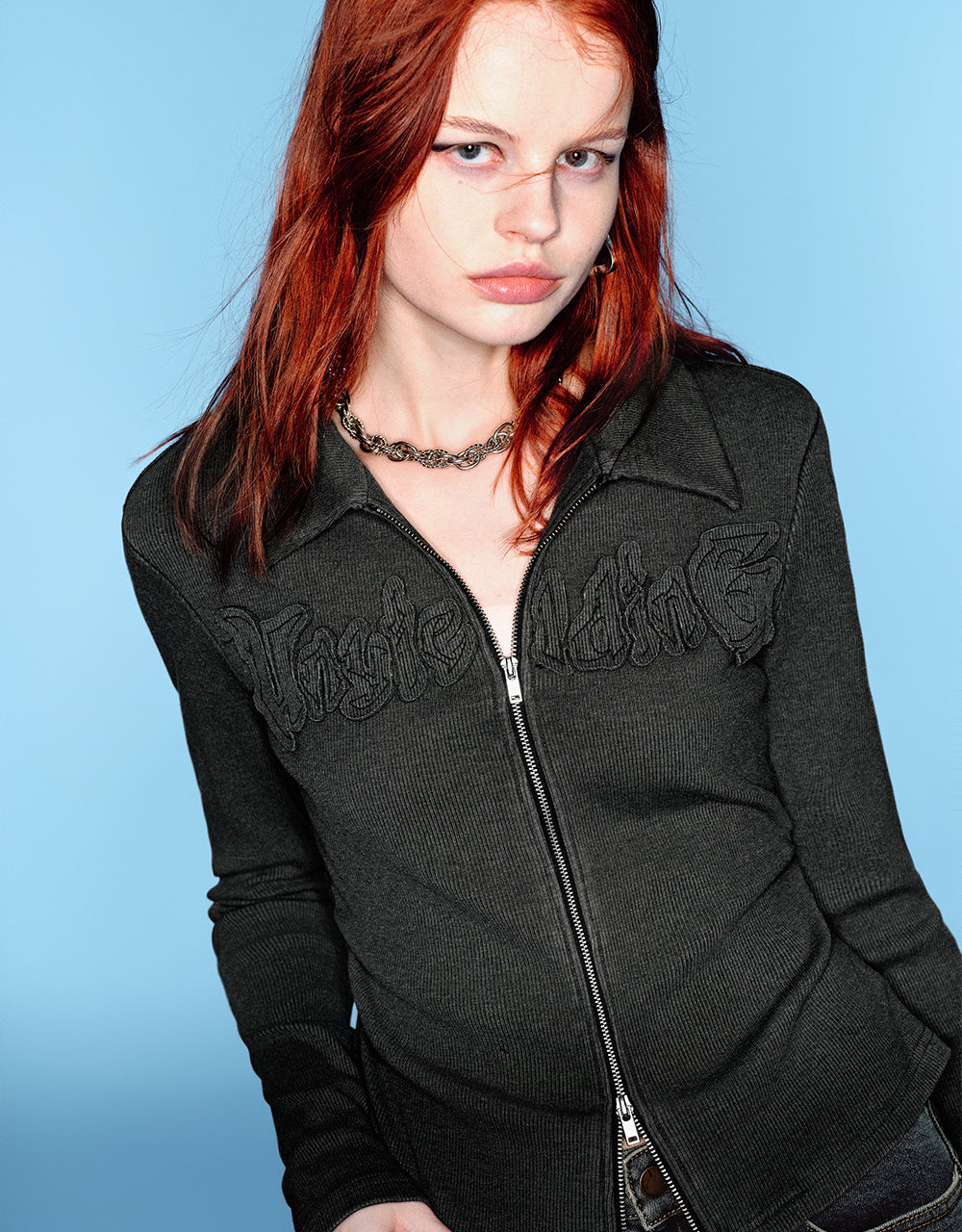 Zipper Front Embossed Lapel Shirt