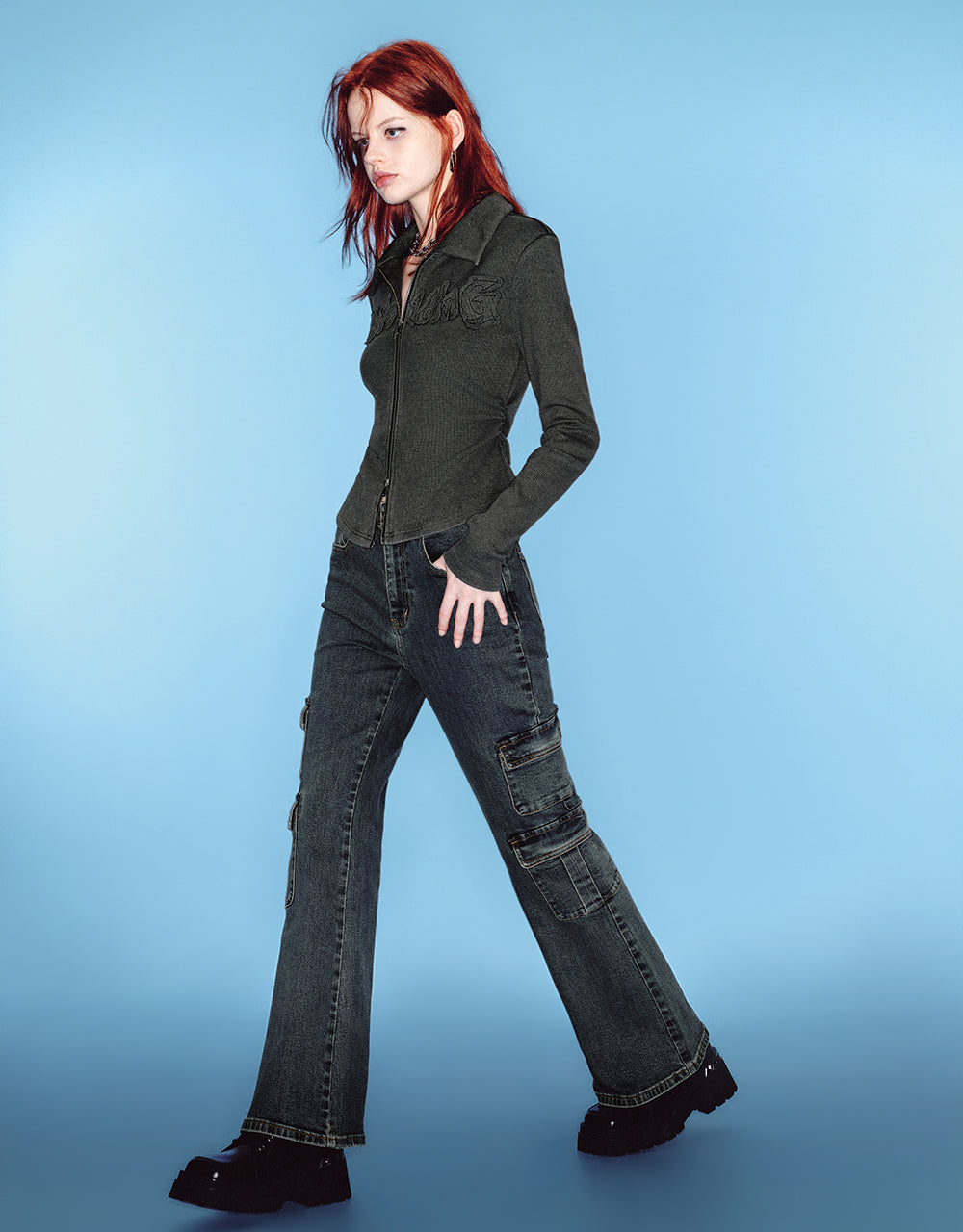 Zipper Front Embossed Lapel Shirt