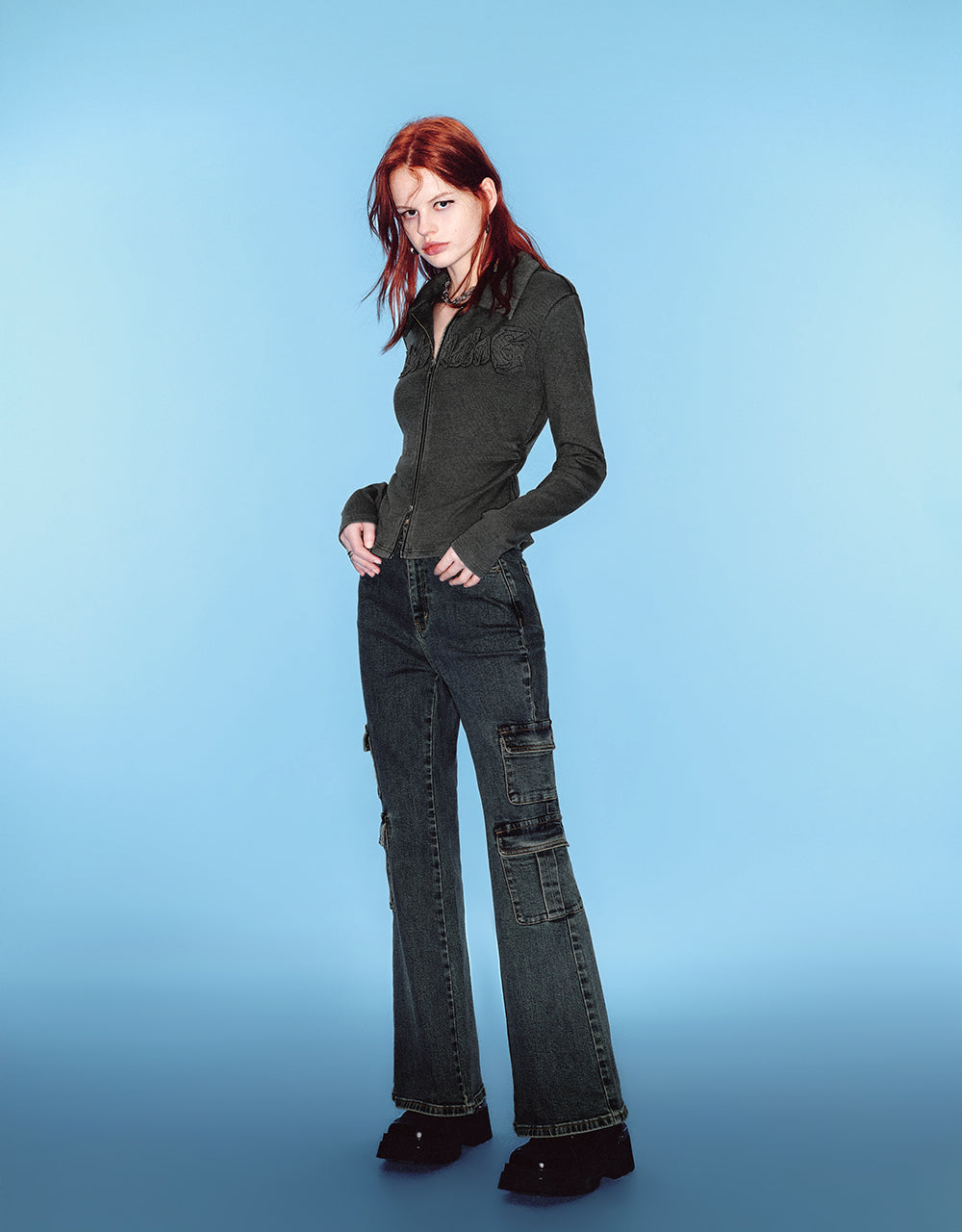 Zipper Front Embossed Lapel Shirt