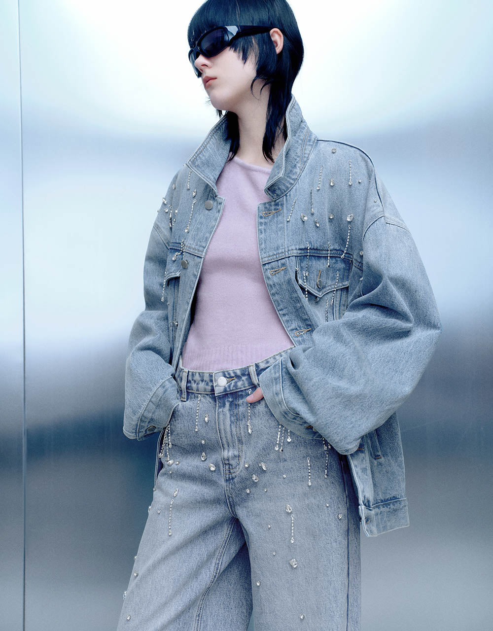 Rhinestone Décor Button Up Denim Jacket
