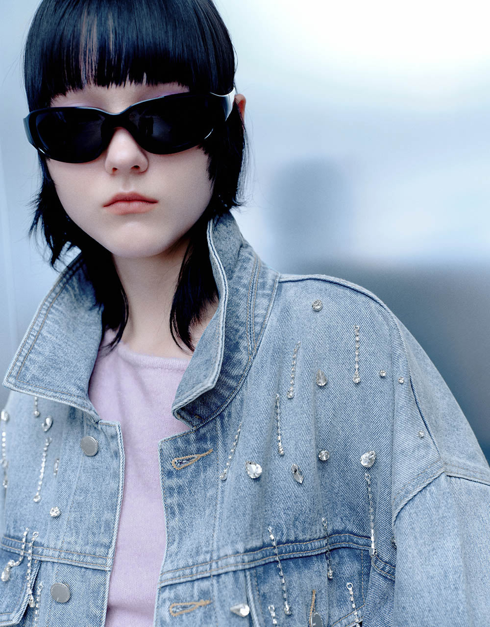 Rhinestone Décor Button Up Denim Jacket
