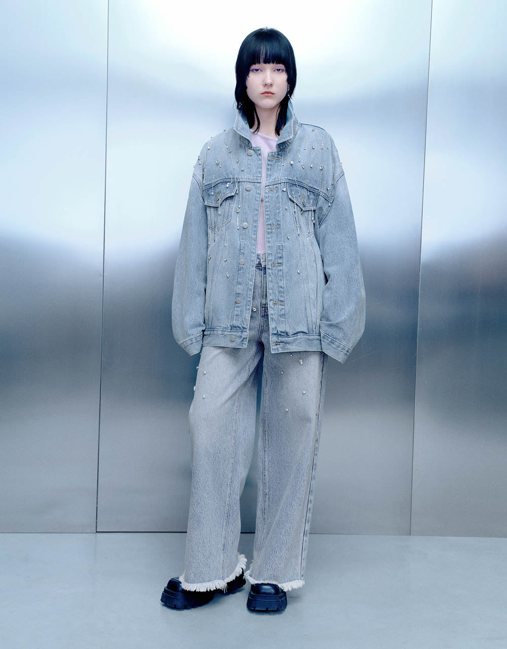 Rhinestone Décor Button Up Denim Jacket