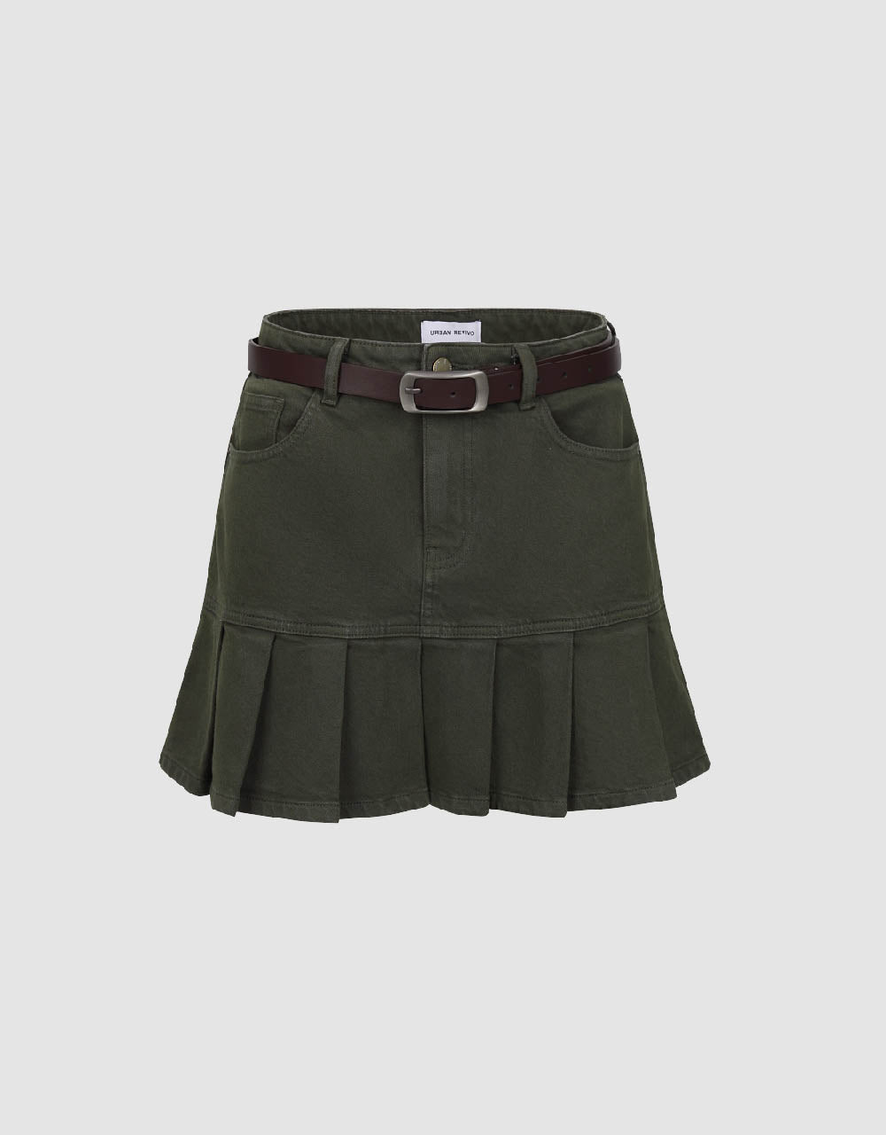 Pleated Mini Straight Denim Skirt With Belt