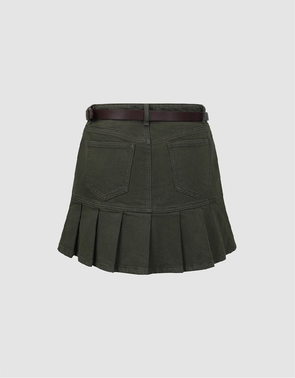 Pleated Mini Straight Denim Skirt With Belt