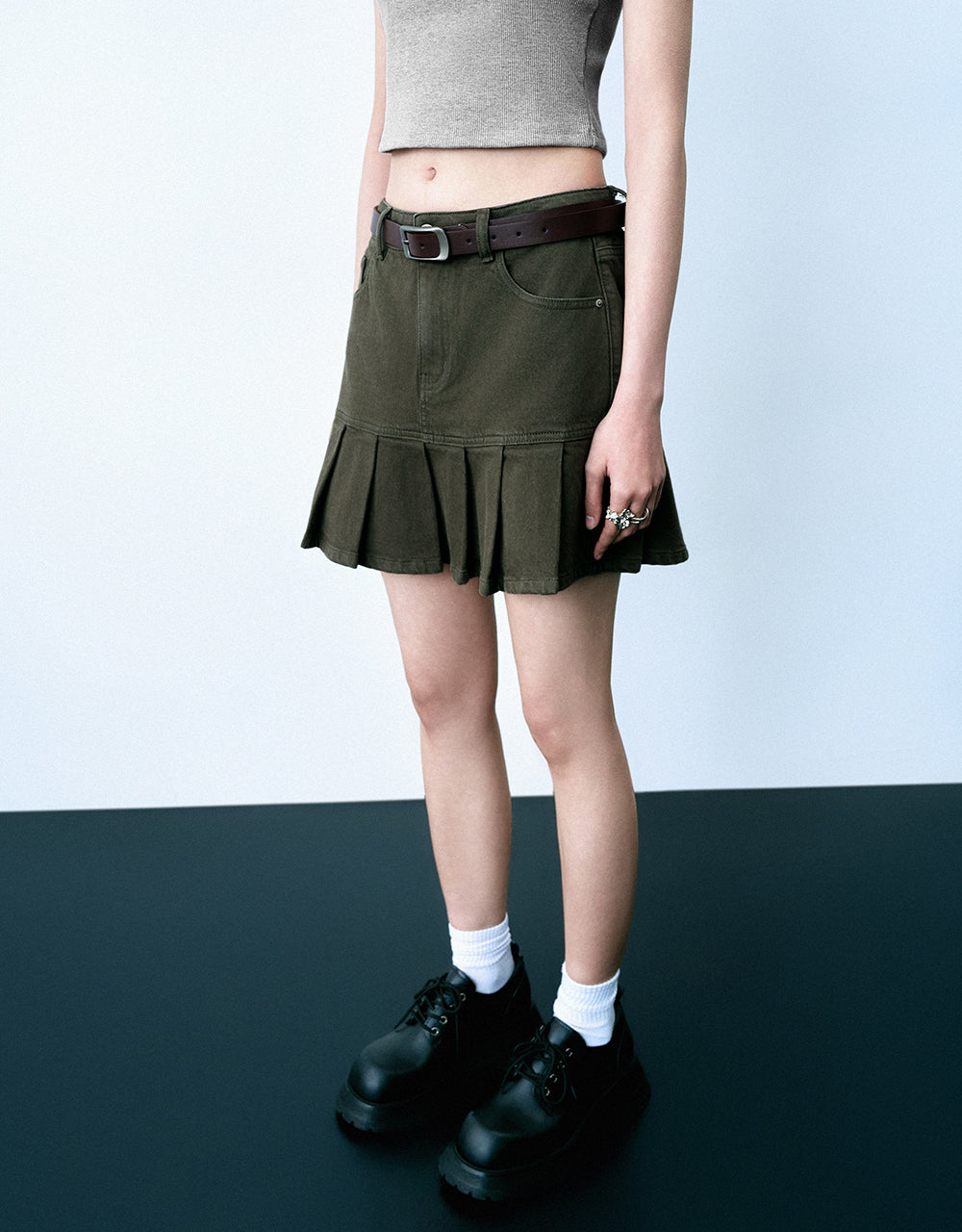Pleated Mini Straight Denim Skirt With Belt