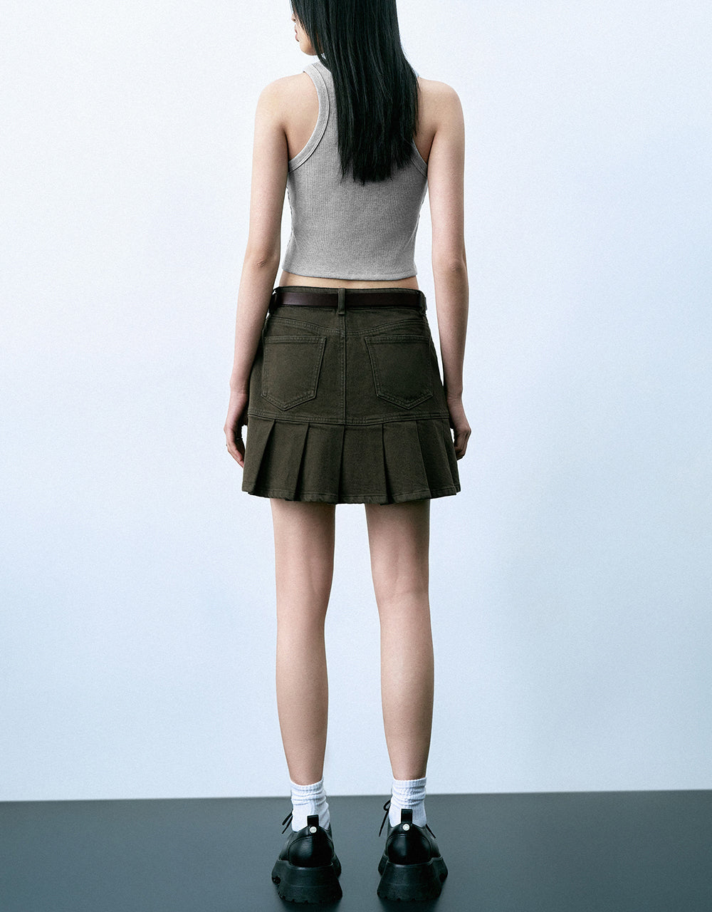 Pleated Mini Straight Denim Skirt With Belt