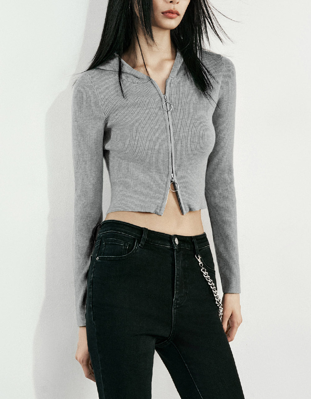 Zipper Front Hooded Knitted Cardigan