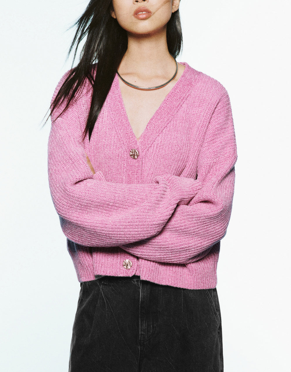 Drop Shoulder Sleeve V-Neck Knitted Cardigan
