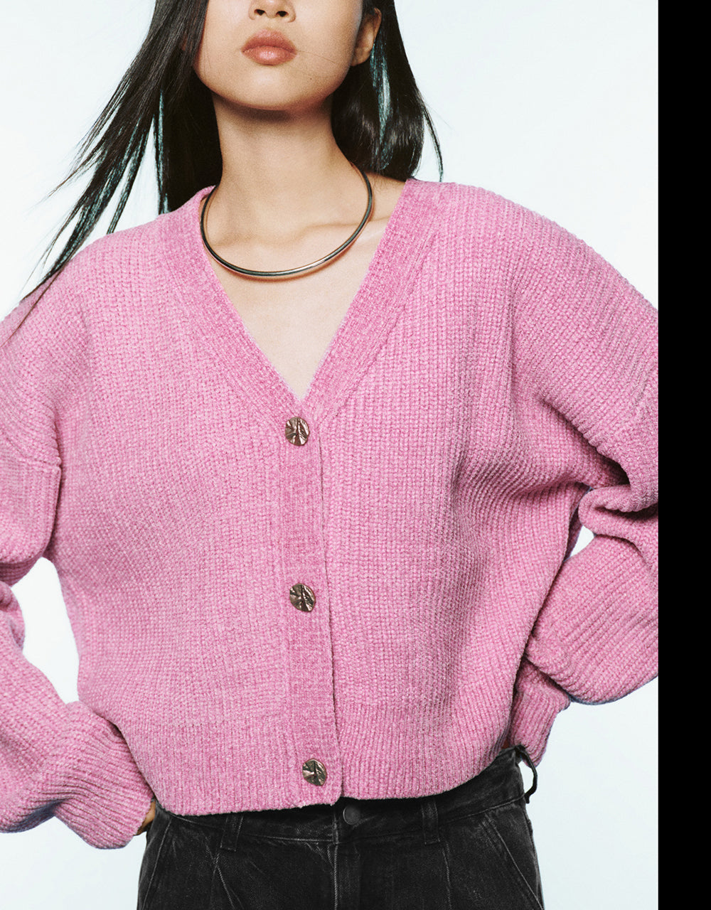 Drop Shoulder Sleeve V-Neck Knitted Cardigan