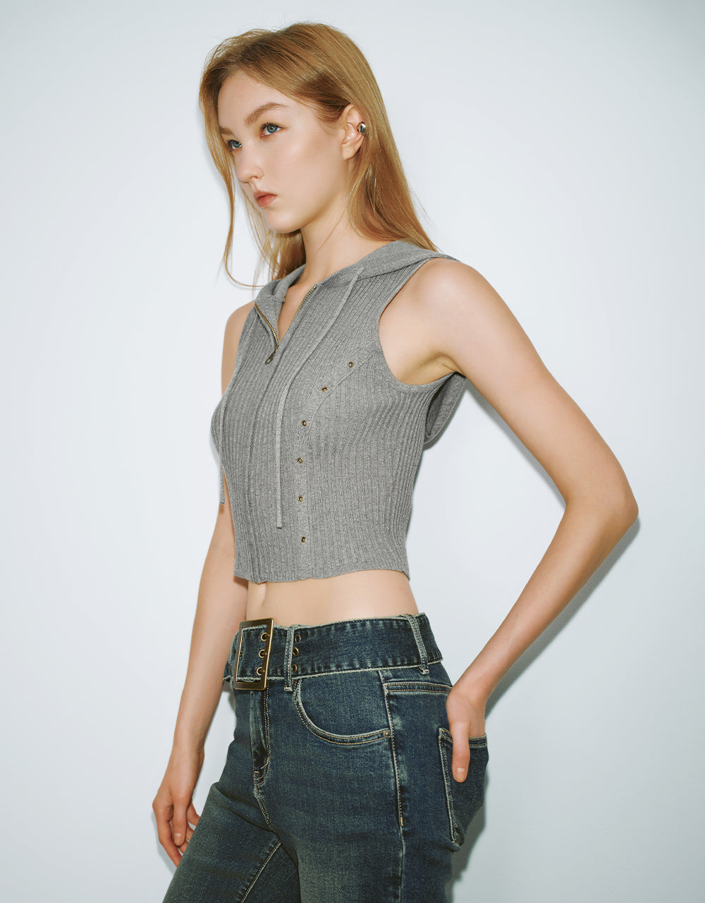 Hooded Zipper Front Skinny Knitted Vest