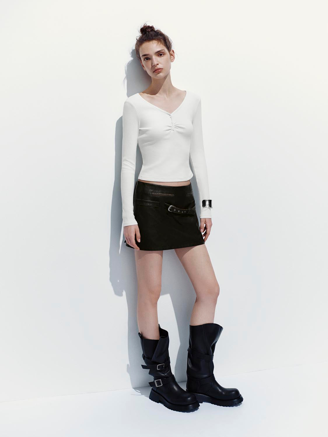 Button Top V-Neck Long Sleeve T-Shirts