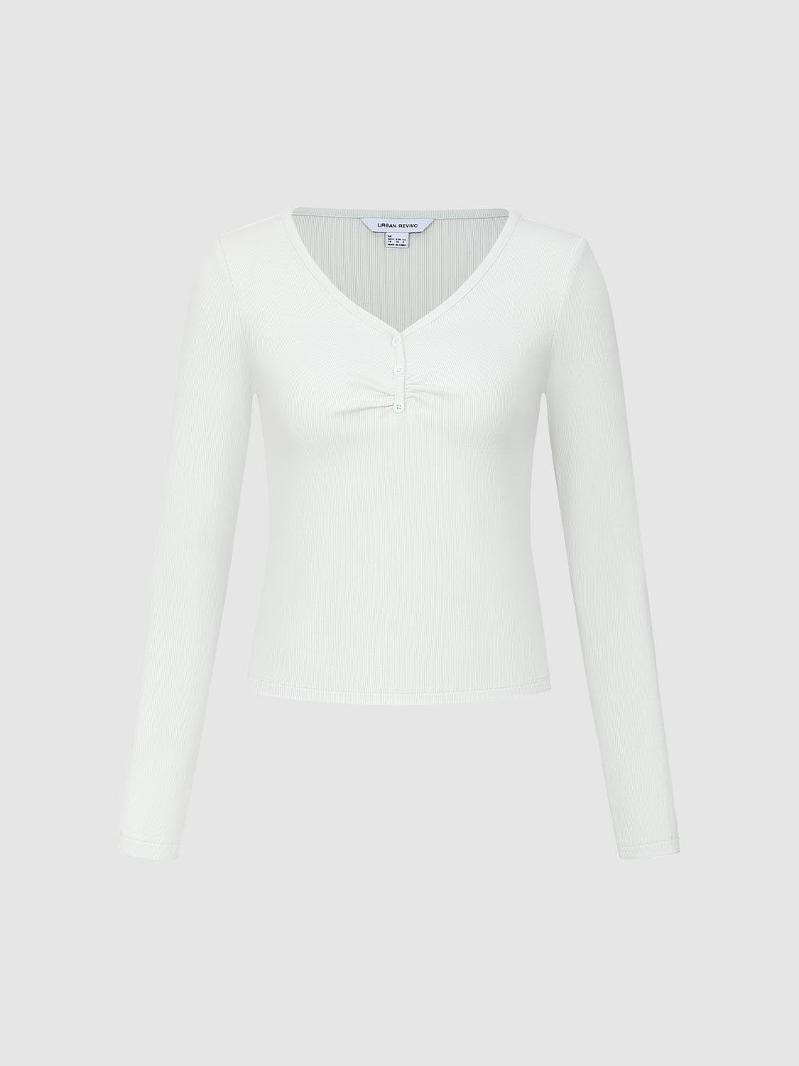 Button Top V-Neck Long Sleeve T-Shirts