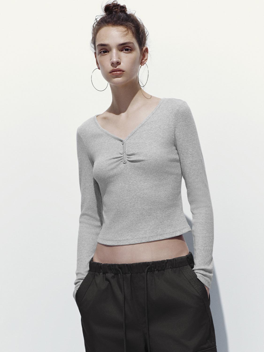 Button Top V-Neck Long Sleeve T-Shirts