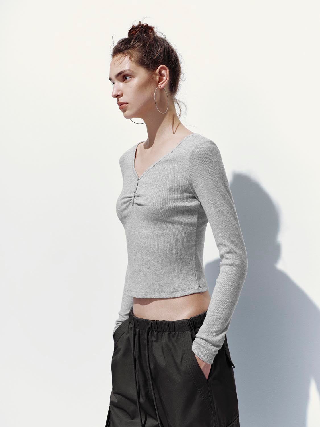 Button Top V-Neck Long Sleeve T-Shirts