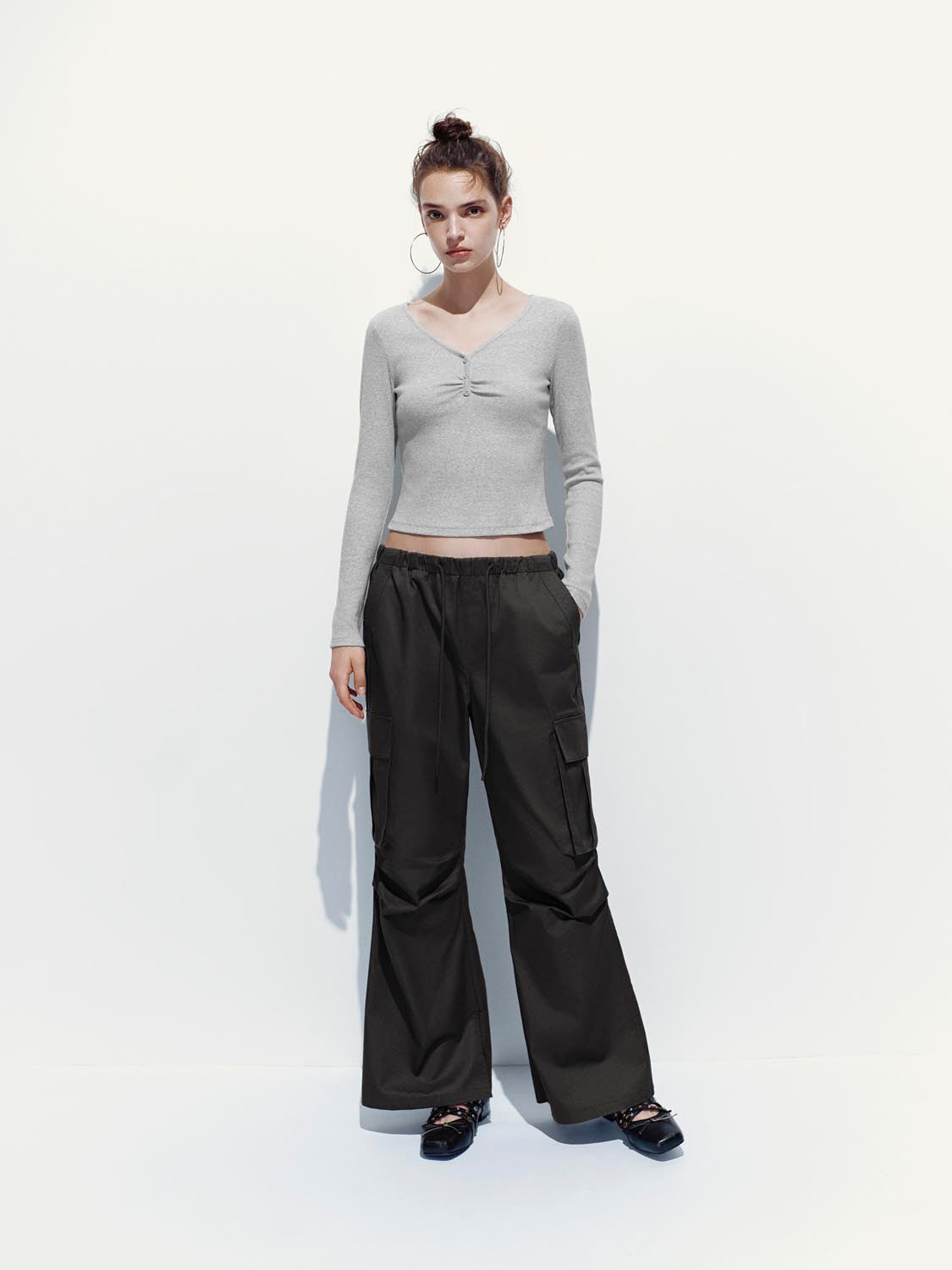 Button Top V-Neck Long Sleeve T-Shirts