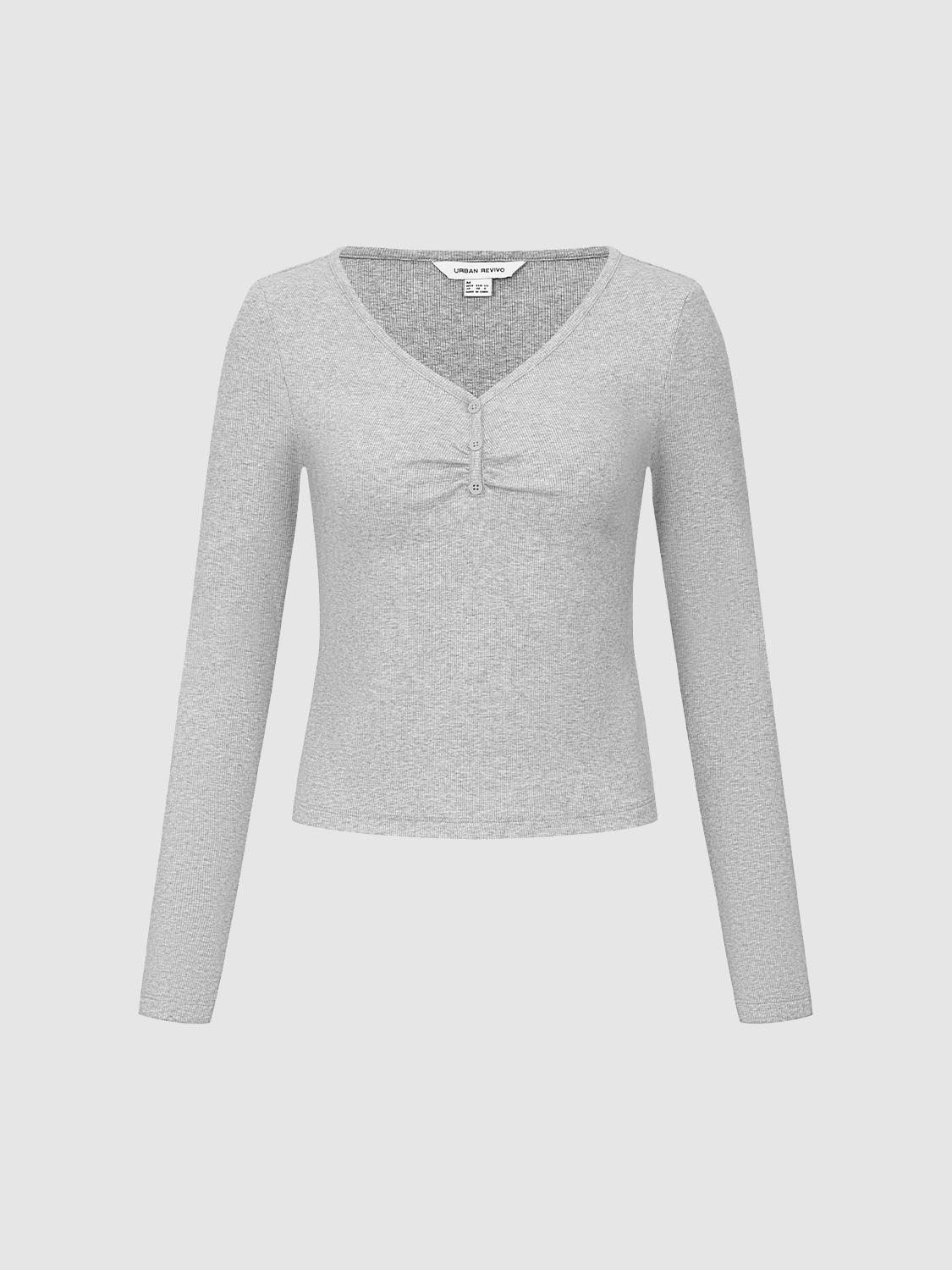 Button Top V-Neck Long Sleeve T-Shirts